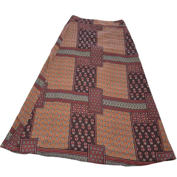 Sara Navon Skirt Womens XS Brown Orange Boho Patchwork A-Line Lined Midi Floral - Picture 1 of 7
